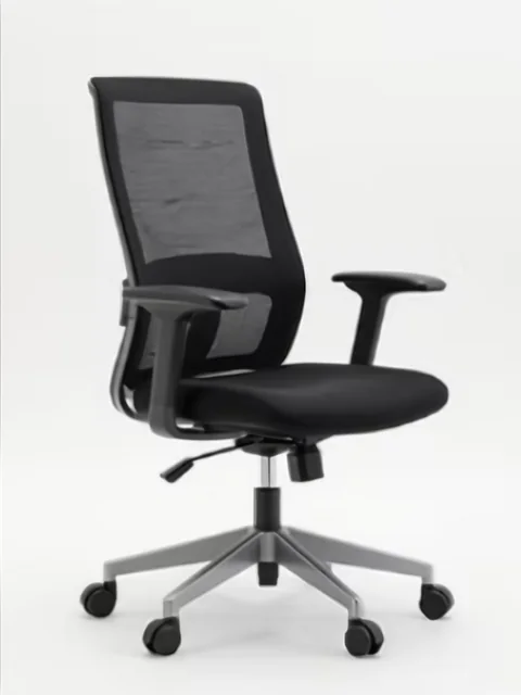 Yes: silla de oficina con respaldo de malla y asiento tapizado en negro